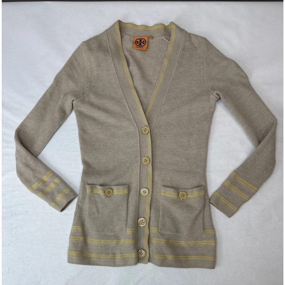 Tory Burch Cardigan Merino Wool Preppy Classic Beige Yellow Gold Button Women XS